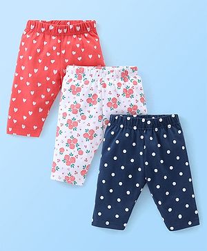 Babyhug Cotton Three Fourth Lycra Leggings Floral & Hearts Print Pack Of 3- Blue White & Red