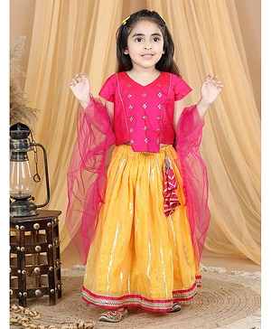 Kinder Kids Short Sleeves Motif Embroidered & Gota Lace Embellished Choli With Lurex Striped Lehenga & Dupatta - Pink & Yellow