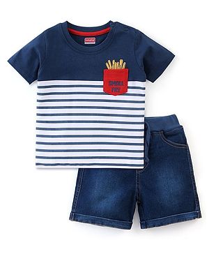 Babyhug Single Jersey Half Sleeves T-Shirt & Shorts With Striped Print - Navy Blue & White