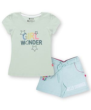 3PIN Short Sleeves Girl Power Printed Tee With Summer Flower Printed Shorts - Green