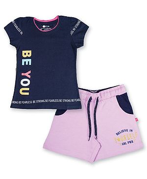 3PIN Short Sleeves Be You Printed Top With Girl Power Printed Shorts - Navy Blue & Pink