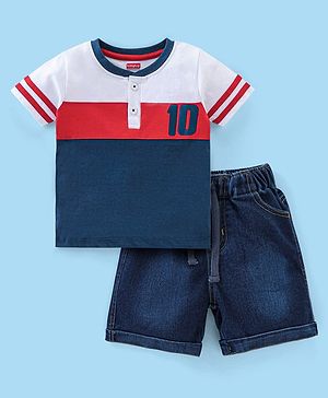 Babyhug Cotton Half Sleeves T-Shirt & Shorts Set Stripes Print- Blue & Red