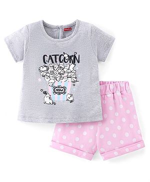 Babyhug Cotton Knit Half Sleeves Night Suit with Kitty Print - Grey Melange & Pink