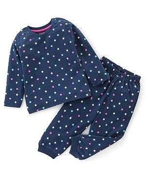 Babyhug Cotton Knit Full Sleeves Night Suit Star Print - Navy Blue