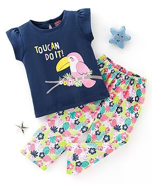 Babyhug Cotton Knit Half Sleeves Night Suit Toucan Print - Navy Blue & White