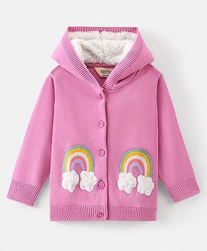 Bonfino 100% Cotton Knit Full Sleeves Hooded Cardigan with Sherpa Lining Cloud Rainbow Embroidery- Pink