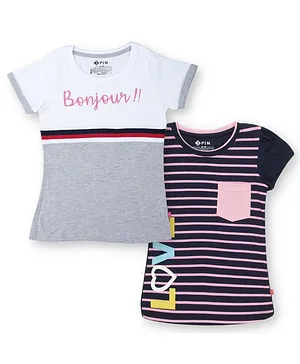 3PIN Pack Of 2 Short Sleeves Bonjour Text Printed Colour Blocked & Striped Tees  - Grey & Navy Blue