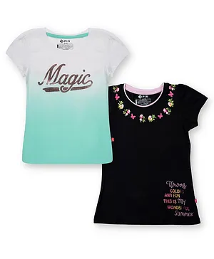 3PIN Pack Of 2 Short Sleeves Magic Text Printed & Ombre Effect Tees  - Black & Blue