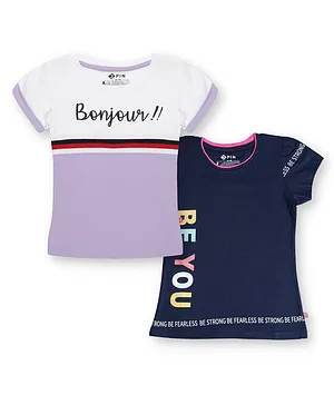 3PIN Pack Of 2 Short Sleeves Cat & Bonjour Text Printed & Colour Blocked Tees - Lavender & Navy Blue