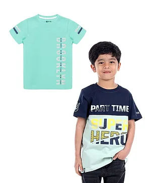 3PIN Pack Of 2 Half Sleeves Text Printed Colour Blocked Tees - Navy Blue & Light Camouflage Green