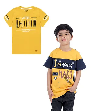 3PIN Pack Of 2 Half Sleeves I am Going Mars Printed Colour Blocked Tees - Yellow & Navy Blue