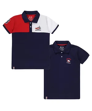 3PIN Pack Of 2 Half Sleeves Discover The World Embroidered Polo Tee - Navy Blue