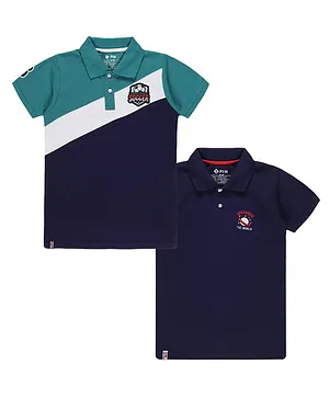 3PIN Pack Of 2 Half Sleeves Soccer Patched & Discover The World Embroidered Polo Tees - Navy Blue