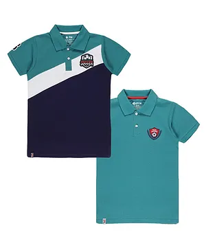 3PIN Pack Of 2 Sports Theme Half Sleeves Embroidered & Colour Blocked Polo Tees - Blue