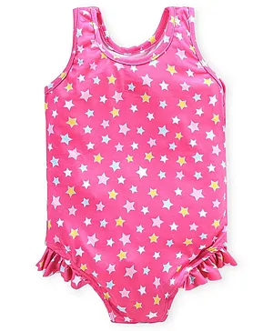 Babyhug Sleeveless V Cut Swimsuit Star Print - Pink