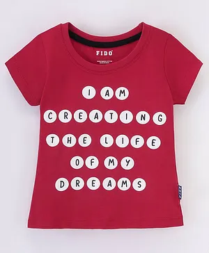 Fido Single Jersey Half Sleeves Top With Text Print - Maroon