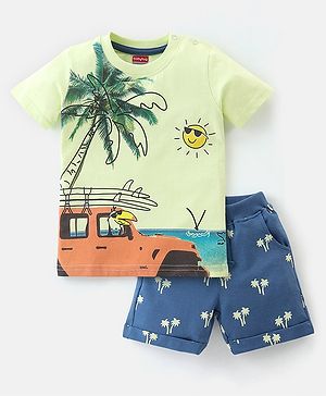 Babyhug 100% Cotton Jersey Half Sleeves T-Shirt & Shorts Set Beach Print - Blue & Green