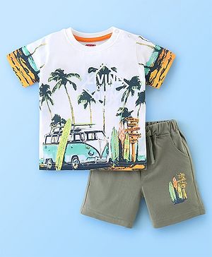 Babyhug 100% Cotton Knit Half Sleeves T-Shirt & Shorts Set Beach Print - White & Olive Green