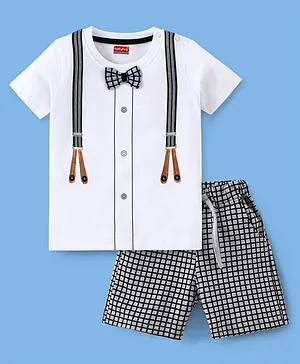 Babyhug 100% Cotton Knit Half Sleeves Suspender Printed T-Shirt & Checked Shorts with Bow - White & Grey