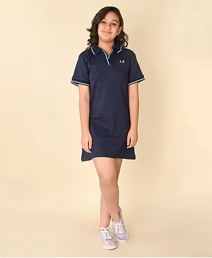Lilpicks Couture Half Sleeves Placement Embroidred Polo T Shirt Dress - Navy Blue