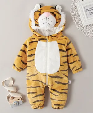 Kookie Kids Full Sleeves Tiger Printed Hooded Winter Wear Romper - Yellow