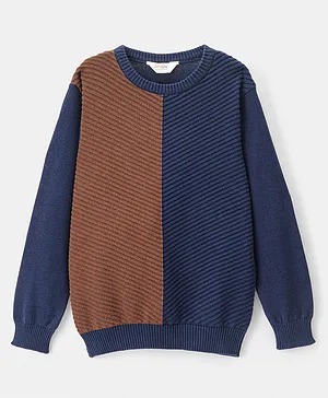 Primo Gino 100% Cotton Knit Full Sleeves Color Block Sweater - Navy Blue & Brown