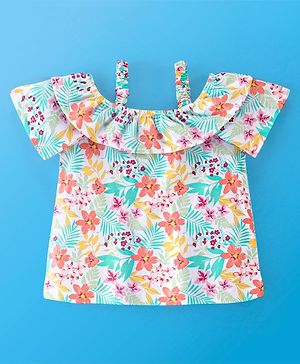 Babyhug 100% Cotton Knit Half Sleeves Off Shoulder Top Floral Print - Multicolour