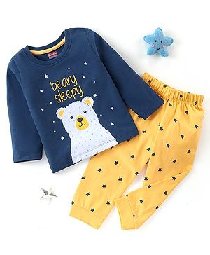 Babyhug Cotton Knit Full Sleeves Night Suit Bear Print - Navy Blue & Yellow
