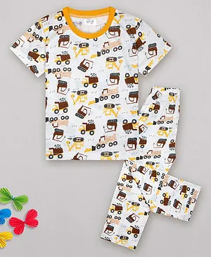 Sheer Love Full Sleeves Construction Vehicle Theme Printed Night Suit -White