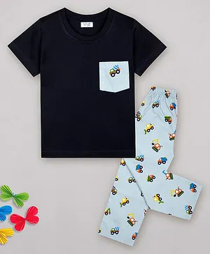 Sheer Love Half Sleeves Construction Vehicles Printed Night Suit - Navy Blue