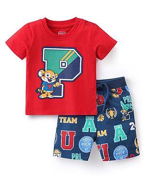 Babyhug 100% Cotton Knit Half Sleeves T-Shirt & Shorts With Tiger Print - Red & Blue