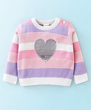 Babyhug Knit Full Sleeves Sweater Stripes Design With Heart Sequin Detailing- White Pink & Purple