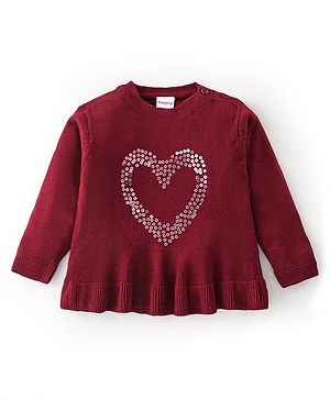 Babyhug Knit Full Sleeves Heart Sequins Sweater - Maroon