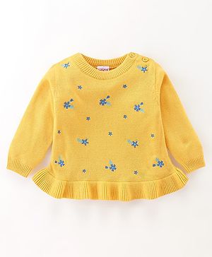 Babyhug Full Sleeves Sweater With Frill Detailing & Floral Embroidery- Yellow