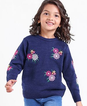 Babyhug Knit Full Sleeves Sweater Floral Design- Navy Blue