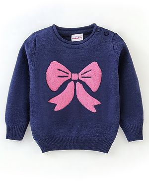 Babyhug Knit Full Sleeves Sweater Bow Design- Navy Blue & Pink