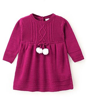 Babyhug Knit Full Sleeves Woolen Dress With Cable Knit Design - Fushia