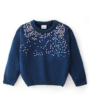 Babyhug Knit Full Sleeves Sequins Sweater - Blue