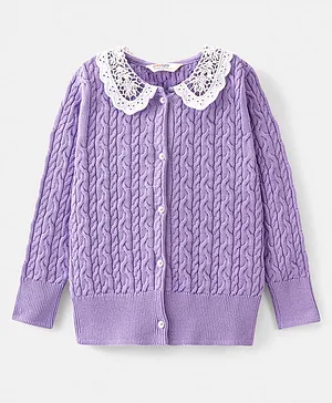 Primo Gino 100% Cotton Knit Full Sleeves Cardigan With Crochet Detailing Cable Knit Design- Purple