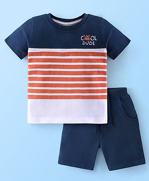 Babyhug 100% Cotton Knit Half Sleeves T-Shirt and Shorts Set Stripes & Cool Dude Print - Blue