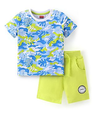 Babyhug 100% Cotton Knit Half Sleeves T-Shirt and Shorts Set Tropical Print - Light Blue & Green