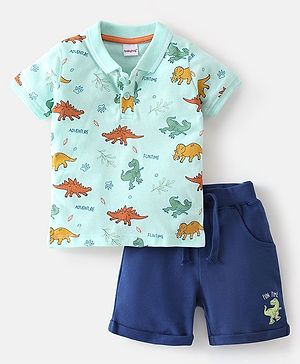 Babyhug 100% Cotton Half Sleeves T-Shirt & Shorts Set Dino Print- Green & Blue