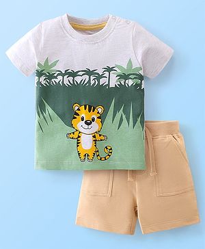 Babyhug Cotton Knit Half Sleeves T-Shirt and Shorts Set Jungle Print - Green & Brown