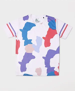 UMILDO Half Sleeves All Over Abstract Splash Map Printed Tee - White Purple & Red