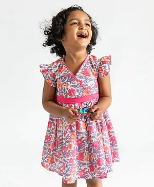 Campana 100% Cotton Cap Sleeves Floral Printed Dress - Pink Purple