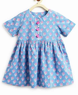 Campana 100% Cotton Half Sleeves Floral Printed Tassel Detailed Dress - Blue Pink