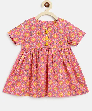 Campana 100% Cotton Half Sleeves Floral Motif Printed Tassel Detailed  Dress - Pink Yellow