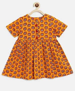 Campana 100% Cotton Half Sleeves Floral Motif Printed Tassel Detailed Dress - Mustard Yellow