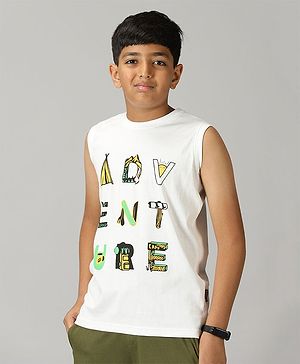 Kiddopanti Sleeveless Adventure Forest Theme Printed Tee - White