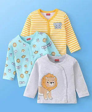 Babyhug 100% Cotton Knit Full Sleeves Front Open Vests Stripes & Animal Print Pack of 3 - Yellow Blue & Grey